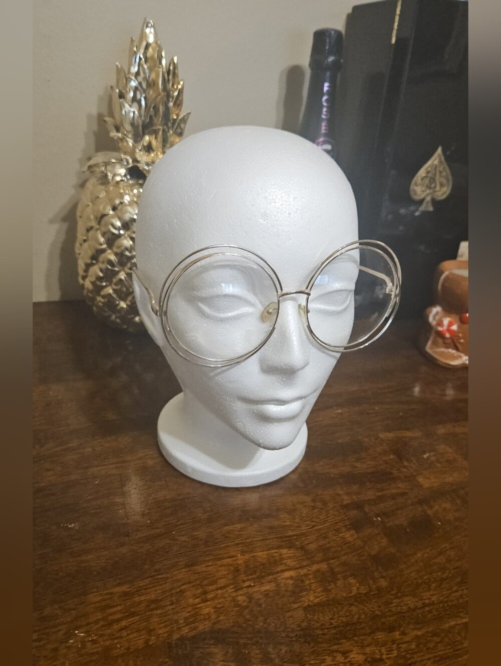 Oversized Round Clear Frame Glasses With Gold Trim